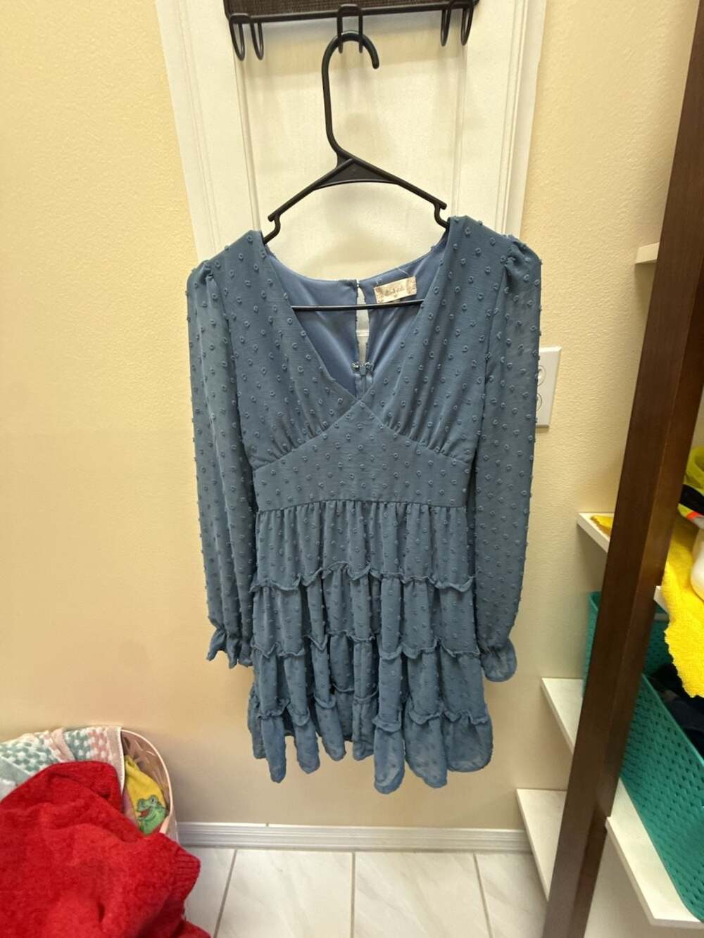 Altar'd State Blue Swiss Dot Long Sleeve Tiered Mini Dress